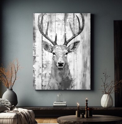 LEINWAND BILD ER BIS 140x100x5 HIRSCH AUF HOLZ VINTAGE SHABBY SCHWARZ WEISS GRAU