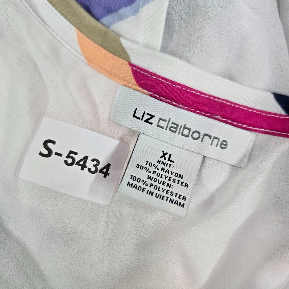 Top Liz Claiborne Mujer XL Blanco Rayas Frida's Jardín Camisa Manga Gorra LEER Foto 2 de 4