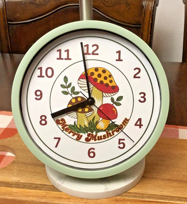 Merry Mushroom themed wall clock 8.5'' glass face Sage Green battery included