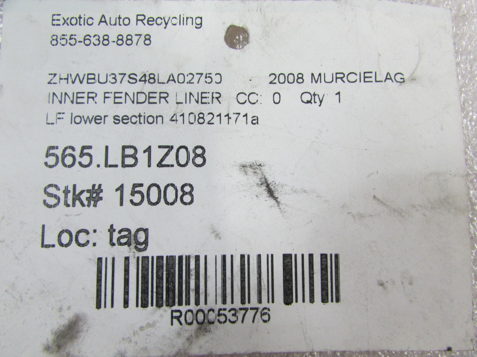 Lamborghini Murcielago, LH Front Inner Fender Liner, Rear Section P/N 410821171A