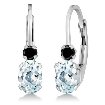 Oval Sky Blue Aquamarine Black Diamond 0.93 Ct 14K White Gold 3/4 Inch Earrings
