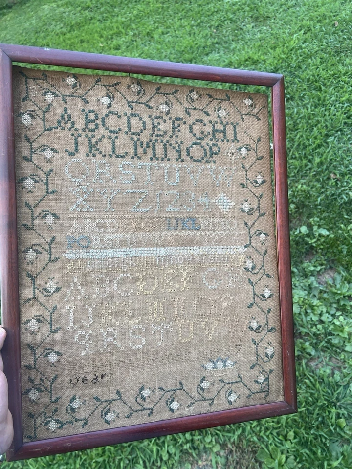 Rebecca Hands Antique American Silk Needlework Sampler 18 x 16 AAFA 19th Century - Image 3 of 4