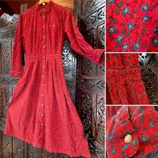 VTG Eddie Bauer Deep Red Floral Corduroy Prairie Dress L Pockets Modest Y2K