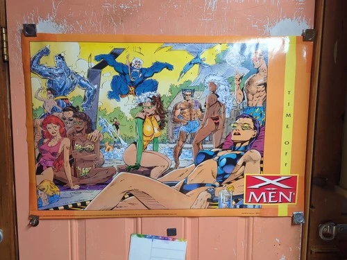 Vtg 1992 Marvel Comics X-Men Time Off Pool Party Poster 34" x 22"  USED