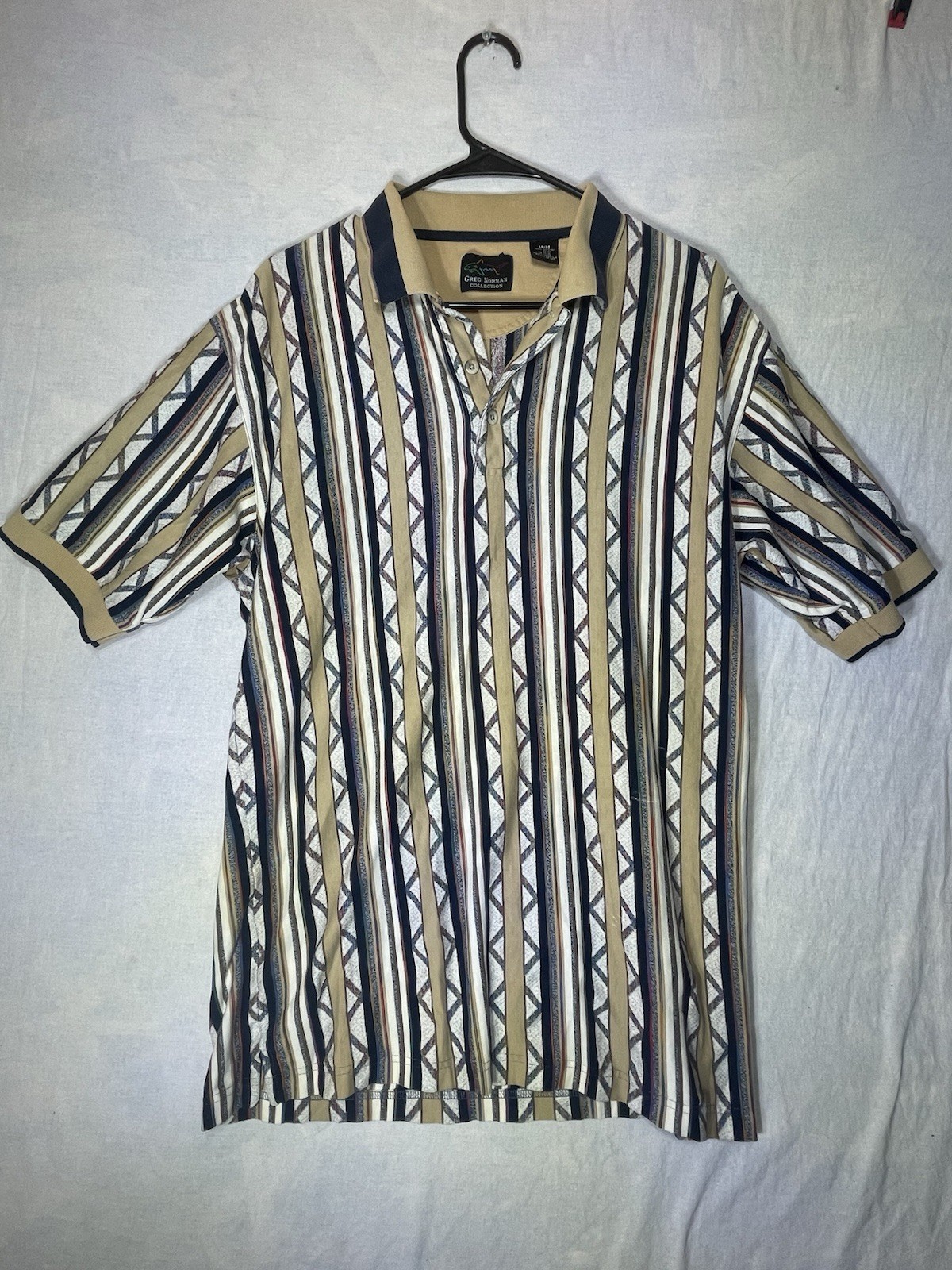 Vintage Greg Norman Collection Polo Shirt Mens Medium Beige Striped Golf