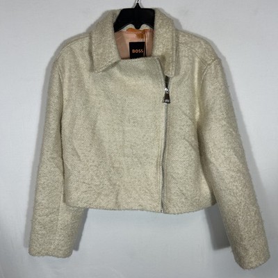 $298 Boss Orange By Hugo Boss Women White Jabi Tweed Cropped Moto Jacket L