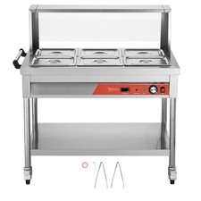 6-Pan Commercial Food Warmer 1500W Stainless Steel with Shield Undershelf Wheels