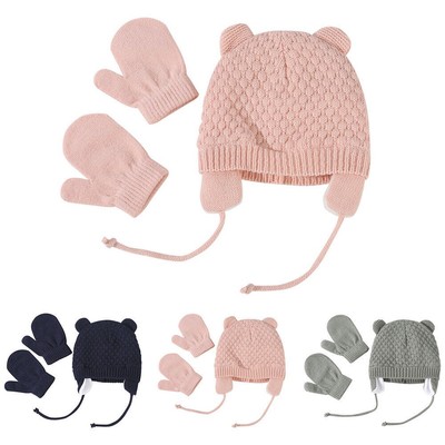 Kinder Winter Pompom Strickmütze Ohrklappe Hut Handschuhe Set Bär Headwear