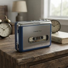 Cassette Player Auto Reverse Blue Portable with Headphone Output & Dual Power