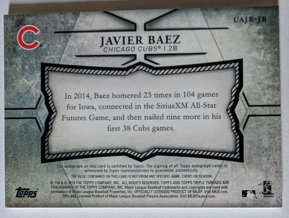 2015 Topps Triple Threads Javier Baez Autograph #d/99 Game Used Auto Rookie Year - Image 2 of 2