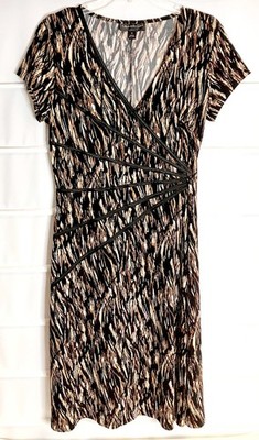 Connected Apparel Black Beige Brown SS Stretch Polyester Pullover Dress 12 EC!