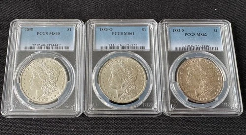 Lot Of 3 PCGS MS-60,61,62 Graded Morgan Dollars
