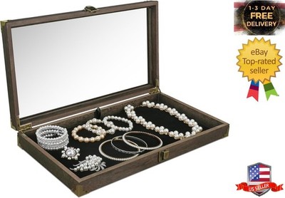 Wooden Jewelry Display Case with Tempered Glass Top Lid SHIPS FREE