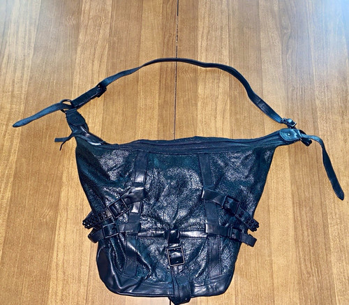 Liebeskind Berlin Black Crackled Studded Buckle Crescent Zip Bag