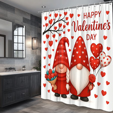 Valentine's Day Gnome Shower Curtain - Red Hearts, Cute Holiday Decor