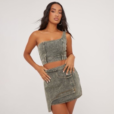 Ego One Shoulder Reworked Crop Top High Waist Skirt Set Grey