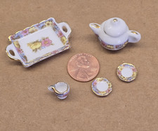 Vtg Miniature Ceramic Doll House Children's 6pc Tea Set Floral Design Gold Trim