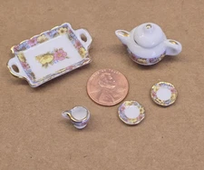 Vtg Miniature Ceramic Doll House Children's 6pc Tea Set Floral Design Gold Trim