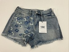 YMI Girls Junior High Rise Blue Denim Shorts Flower Rips Whiskers Size 05/27