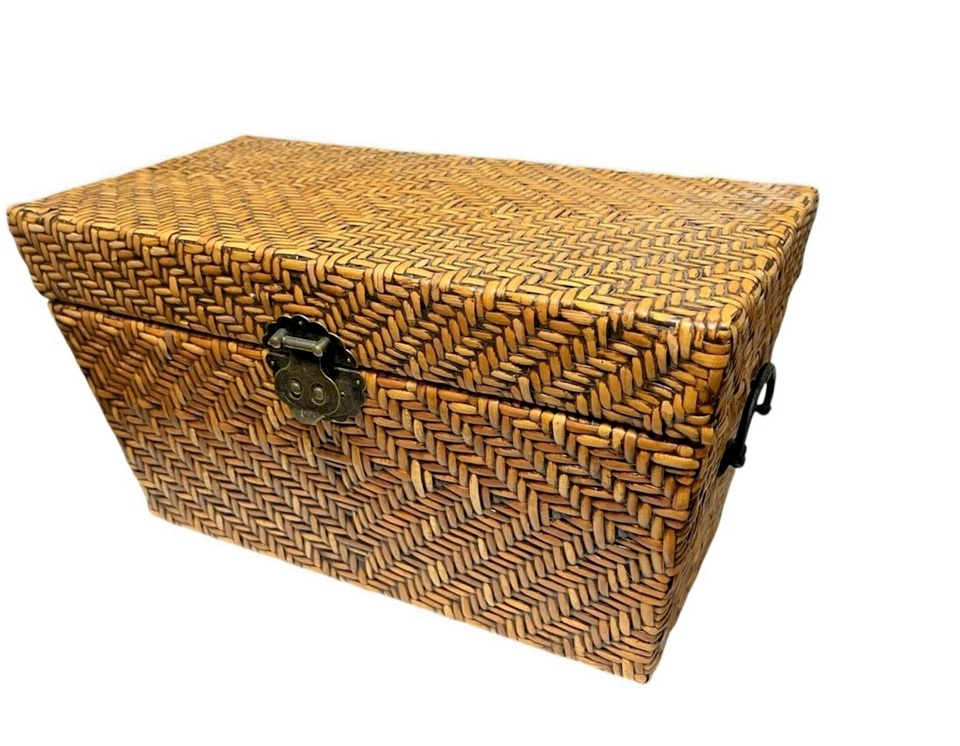 Vintage Woven Rattan Storage Box/ Wood Interior/ Metal Latch Brass Handles -Boho - Image 2 of 4