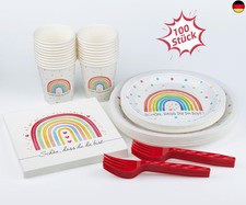 WenmthG 100 Stück Regenbogen Partygeschirr mit Spruch Schön, dass du da bist - B