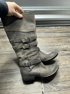 BORN Boots Womens Sz M Tall Brown Distressed Leather Side Zip Buckles  D70722