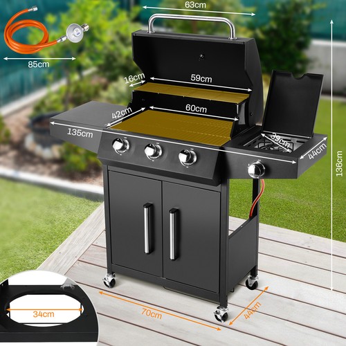 Gasgrill/Grillwagen 3 Brenner +1, Grillfäche 60X42cm mit Seitenkocher Grillküche - Bild 2 von 5