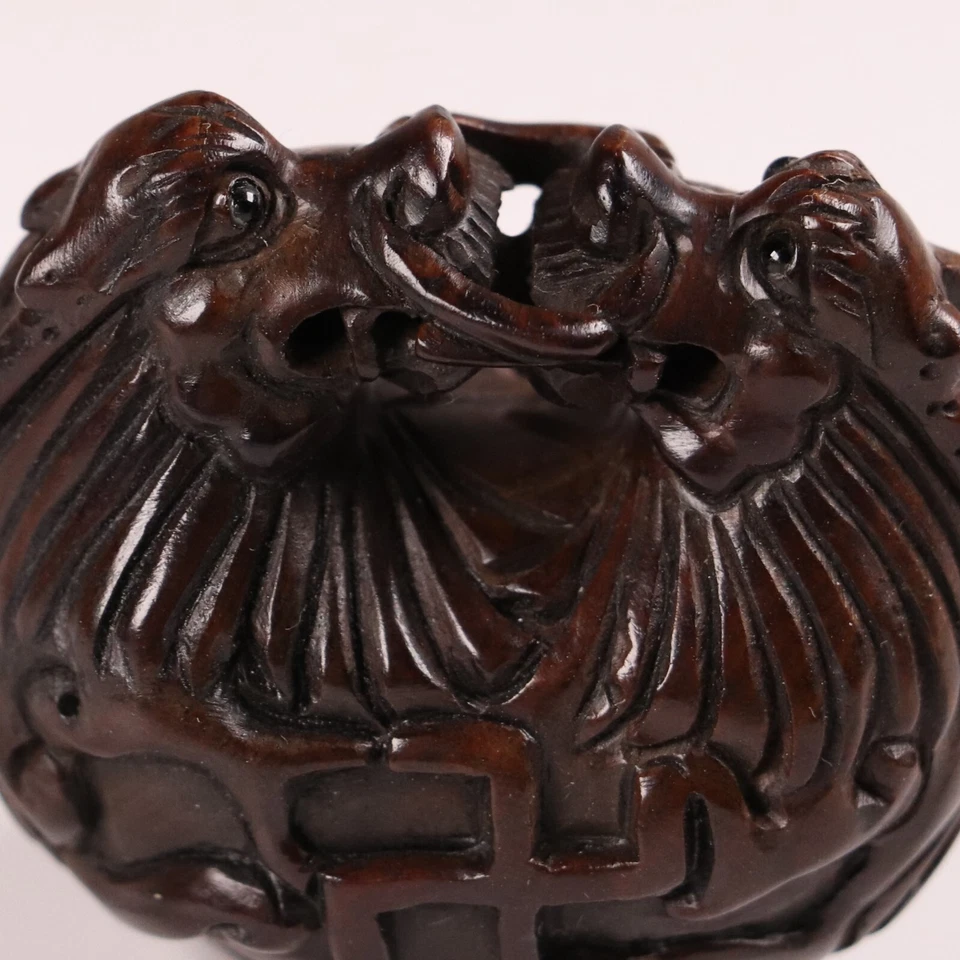 Antiguo Templo Netsuke Tallado Madera Japonés Forma Tambor Doble Dragones Era Meiji Foto 3 de 4