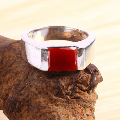 Naturel Rouge Onyx Pierre Précieuse Avec 925 Bague en Argent pour Homme #5753 - Photo 1/4