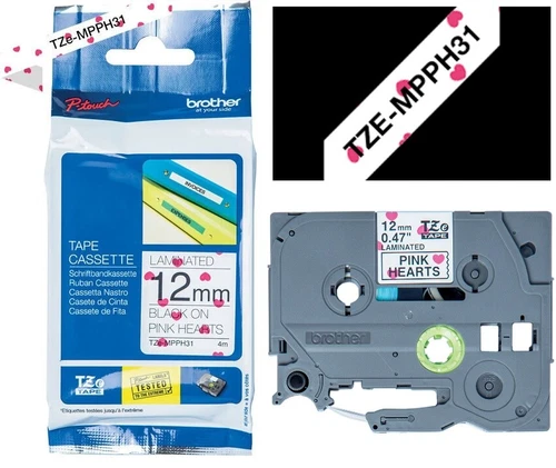 ORIGINAL Brother LAMINATED TAPE BLACK on PINK HEARTS Label TZe-MPPH31 12mm X 4M