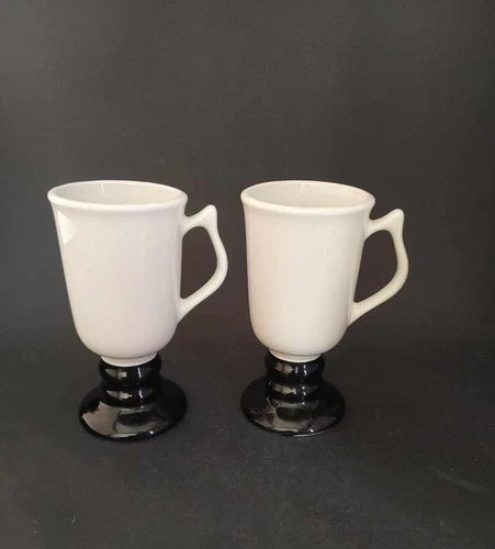 2 Vintage HALL 1273 White and Black Pedestal Irish Coffee Mugs Cups Made in USA