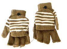 Children Kids Fingerless Glove Mitten Brown Knitted Convertible Flip Top New