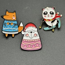Set of 3 Enamel Pins Winter Animals Cat Fox Panda Sweater Hat Backpack Bag Purse