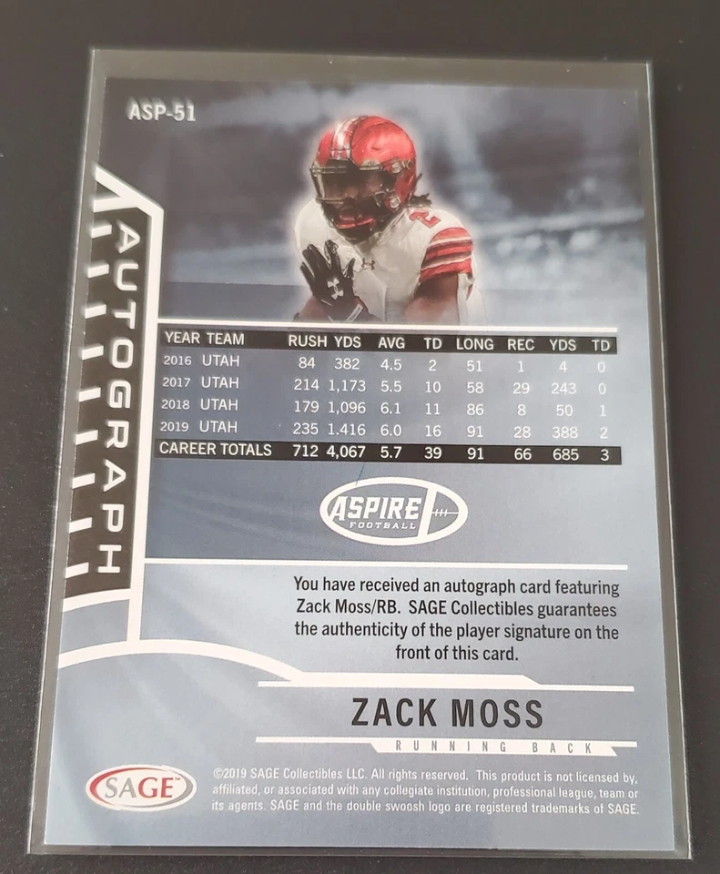Zack Moss 2020 Sage Aspire Black #ASP-51 Rookie Auto RC Football Card Utah - Image 3 of 3