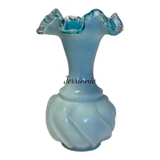 Fenton Jamestown Glass Opalescent White Vase Blue Ruffled Rim