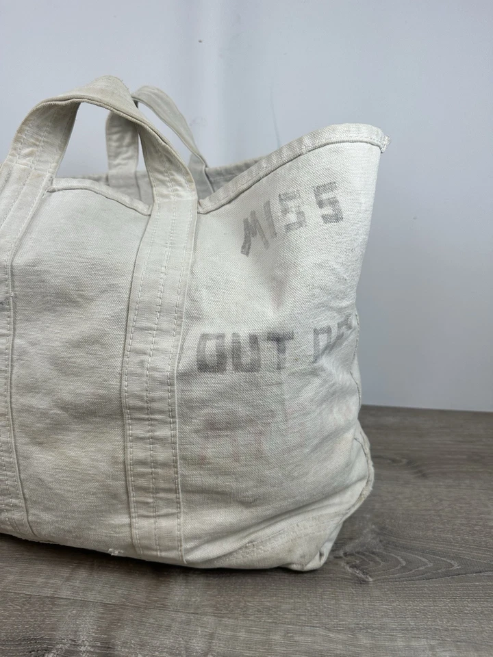 Bolso de Mano Grande Vintage Años 50 Utilitario Lona Blanco Ribete Envejecido Barco Carbón Bolso Foto 2 de 4