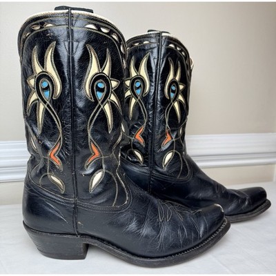 Vintage ACME Cowboy Boots 1940s 50s Black Leather Inlay Shorty Pee Wee Sz 8