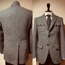 Men Classic Herringbone Suit Tweed Safari Blazer For Gentleman Casual Vintage