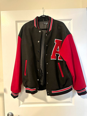 Fashion Nova Men's Varsity Jacket Black/Red Snap Front Embroidered Patch XL