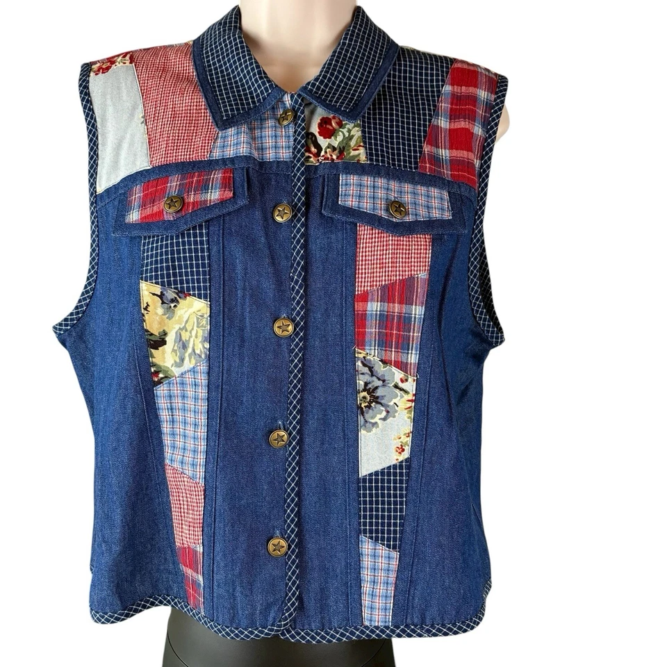 Koret 2 Piece Vest Pants Set Women L Petite Denim Floral Patchwork Vintage (944) - Image 3 of 4