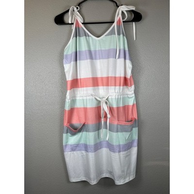 ETCYY NEW Women Pastel Striped Tie Shoulder Drawstring Waist Pocket Mini Dress L