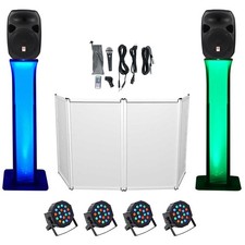 DJ Package w /Dual 12" Bluetooth Speakers Mic Tripod Totem Stands Facade Lights