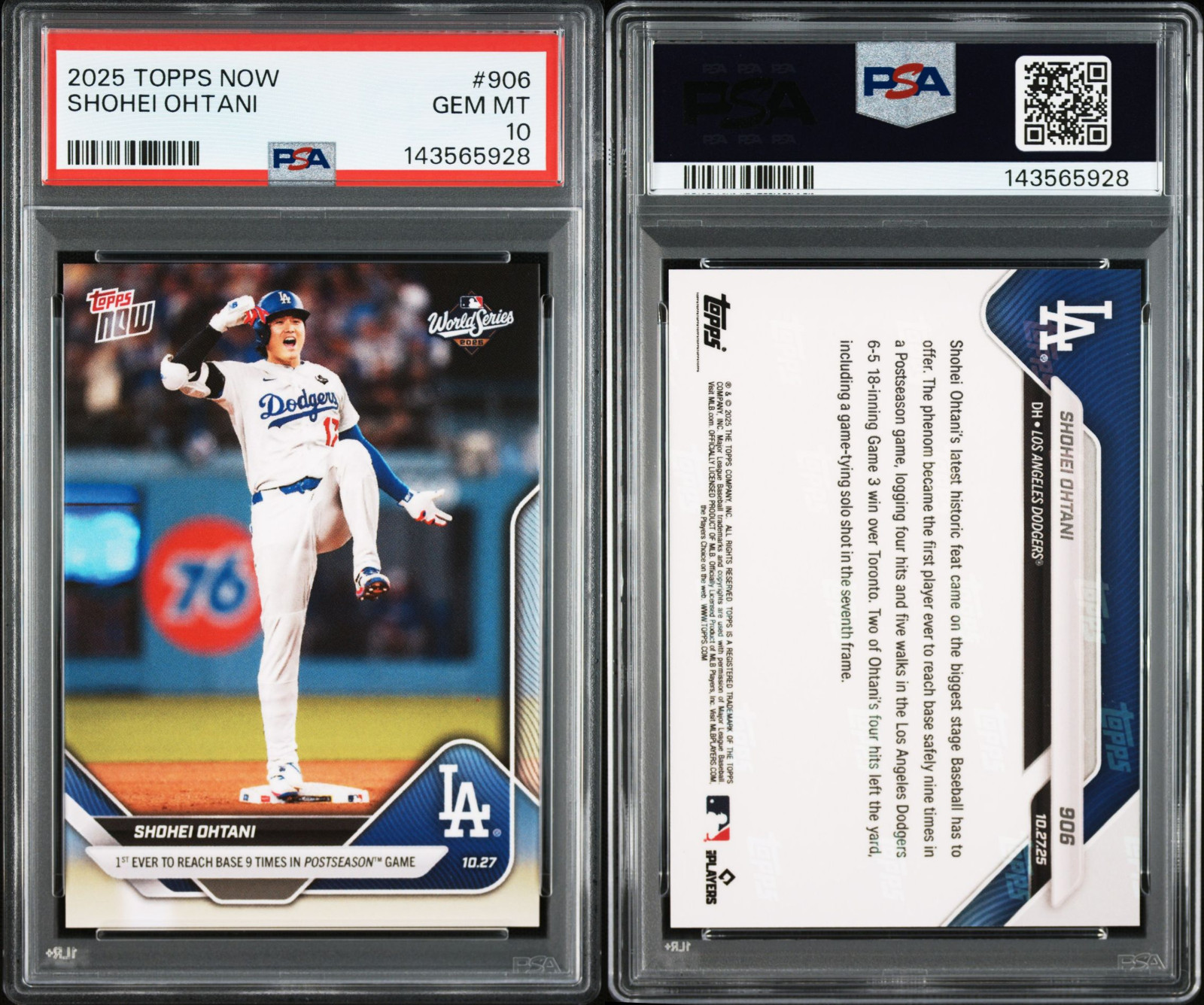 PSA 10 Shohei Ohtani 2025 Topps Now #906 Reach Base 9 Times Postseason Dodgers view 4