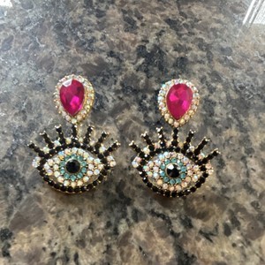 Authentic Evil Eye Rhinestone Dangle Earrings Pink Teardrop Crystal Gold Plated 1.75"