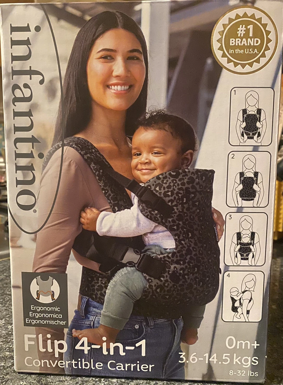 Infantino Flip 4-In-1 Convertible Baby Carrier Black Leopard Hands-Free NEW