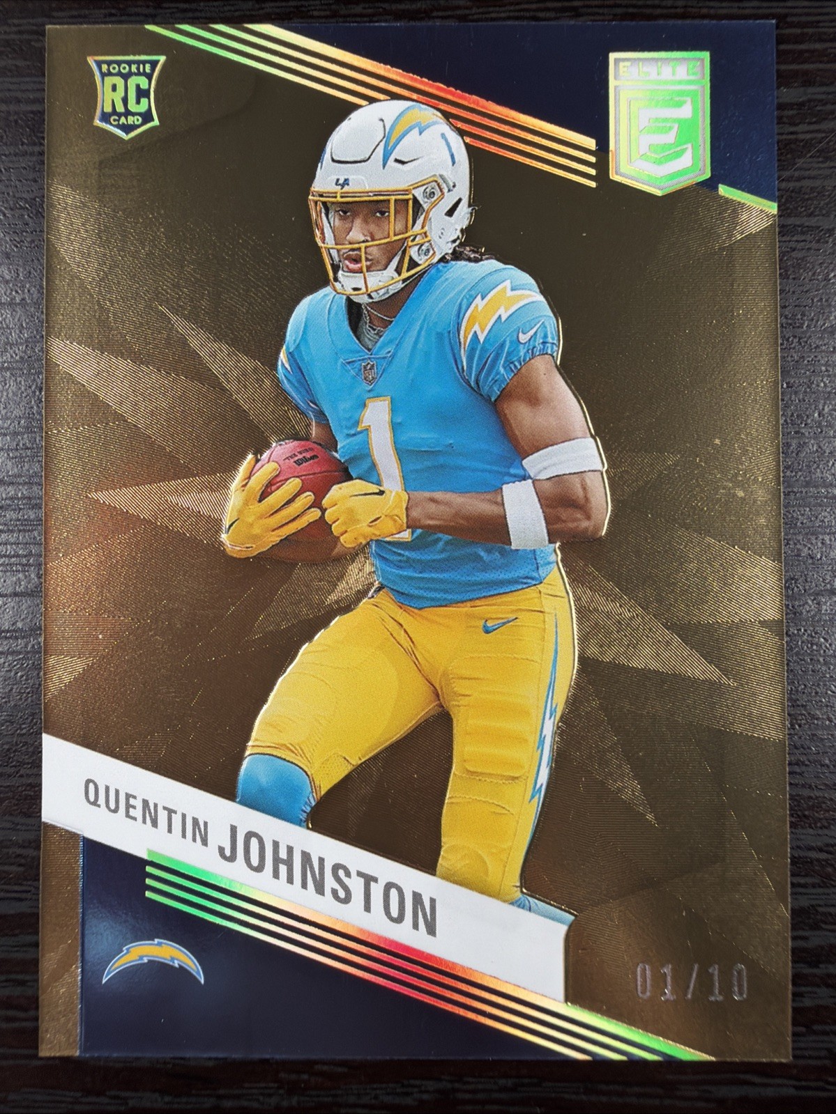 2023 Donruss Elite Quentin Johnston GOLD RC 01/10 SSP Jersey Match Chargers