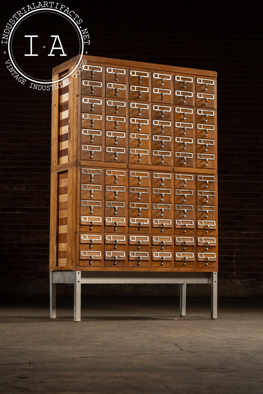 Massive Vintage 72-Drawer Oak Library Card Catalog on Steel Base
