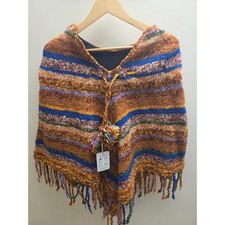 Alpaca Imports Hand Knit Wool Poncho Fleece Lined Striped Fringe Multi Color NWT