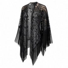 Black Beaded Fringe Kimono Flapper Gatsby Sheer Sequin Evening Wrap