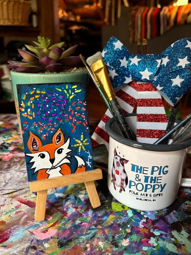 ACEO original painting fox firecrackers fireworks Amy Sullivan animal OOAK July